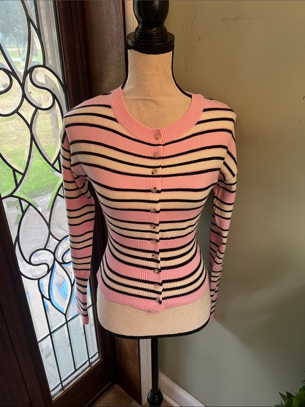 Pink Rose Pink, Cream & Black Striped Button Cardigan